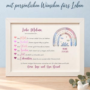 May include: A white framed print featuring the German text 'Liebe Melina' and a list of wishes marked by pink hearts. The design includes a colorful rainbow illustration with stars and clouds, personalized with the name Melina and the date 27.04.2025.