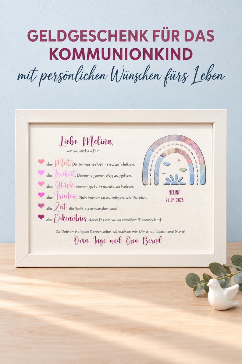 May include: A white framed print featuring the German text 'Liebe Melina' and a list of wishes marked by pink hearts. The design includes a colorful rainbow illustration with stars and clouds, personalized with the name Melina and the date 27.04.2025.