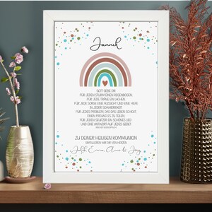 Kommunionsgeschenk für Jungen personalisiert - Kommunion Regenbogen Poster - Bilderrahmen mit Namen - Erstkommunion Geschenk Patenbrief