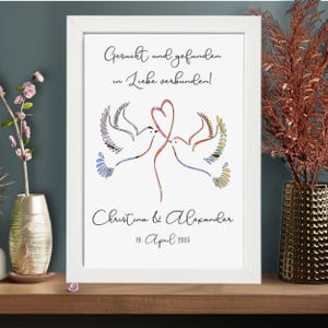Geldgeschenk zur Hochzeit personalisiert - Hochzeitsgeschenk Hochzeitsdatum - liebende Tauben - Geschenkverpackung - Geld im Bild Brautpaar
