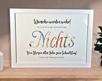 Geldgeschenk Nichts zum Geburtstag personalisiert Geburtstagsgeschenk Nix Bilderrahmen Geschenkidee für keine Wünsche witziges Geschenk Deko