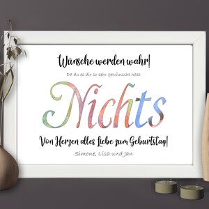 Nichts Geburtstagsgeschenk personalisiert | Geldgeschenk für Nichts | Geschenkidee Nix gewünscht |lustiges Geschenk im Bilderrahmen mit Geld