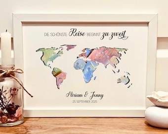 Personalized wedding gift | Money gift for a wedding | World map – the most beautiful journey begins with two | Money gift picture frame