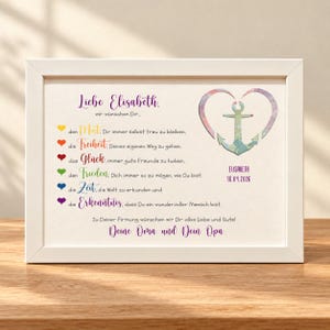 May include: A white framed print featuring the text 'Liebe Elisabeth' and a list of wishes next to colorful hearts. An anchor inside a heart shape is displayed with the name 'Elisabeth' and the date '18.04.2026' printed below it.