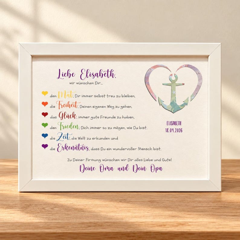 May include: A white framed print featuring the text 'Liebe Elisabeth' and a list of wishes next to colorful hearts. An anchor inside a heart shape is displayed with the name 'Elisabeth' and the date '18.04.2026' printed below it.