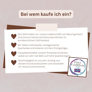 Beschreibung des kleinen Familienunternehmens Fancy CraftHacks, was für individuelle, handgemachte Geschenke steht, die sich durch Ihre Einzigartigkeit auszeichnen und mit Herz geschaffen werden.