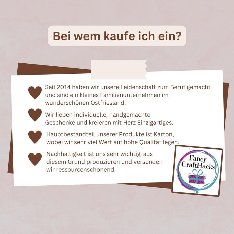 Beschreibung des kleinen Familienunternehmens Fancy CraftHacks, was für individuelle, handgemachte Geschenke steht, die sich durch Ihre Einzigartigkeit auszeichnen und mit Herz geschaffen werden.