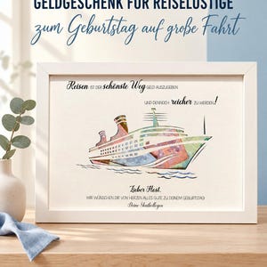 Puede incluir: Un marco blanco con una ilustraci&oacute;n estilo acuarela de un crucero. El texto dice: GELDGESCHENK F&Uuml;R REISELUSTIGE zum Geburtstag auf gro&szlig;e Fahrt, Reisen ist der sch&ouml;nste Weg Geld auszugeben und dennoch reicher zu werden, Lieber Host, Wir w&uuml;nschen dir von Herzen alles Gute zu deinem Geburtstag, Deine Skatkollegen.