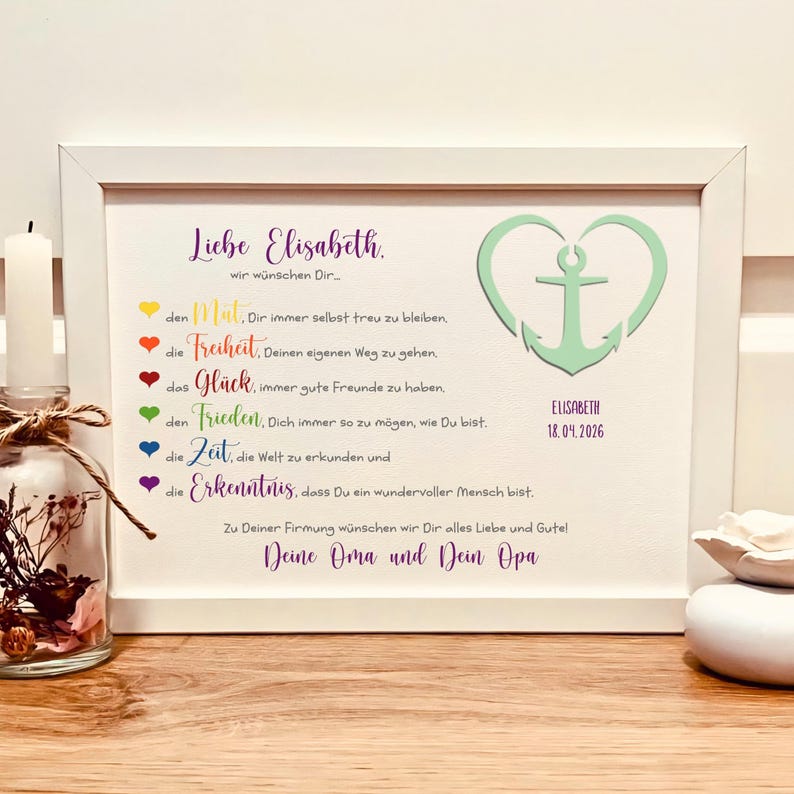 May include: A white framed print featuring the German text 'Liebe Elisabeth' and a list of wishes marked by colorful hearts. A light green anchor inside a heart shape is displayed on the right, with the name 'Elisabeth' and date '18.04.2026' below.