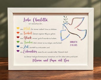 Op de afbeelding: Een wit ingelijste print met de tekst Liebe Charlotta, een lijst met wensen met kleurrijke harticonen, een duifillustratie, de naam Charlotta, de datum 27.05.2025 en de afsluitende tekst Mama und Papa mit Ben.
