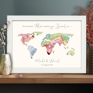 Personalisiertes Geldgeschenk zur Hochzeit - Hochzeitsgeschenk Weltkarte die schönste Reise beginnt zu Zweit - Geschenk Set Geld im Bild