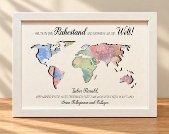 May include: A white framed wall art piece featuring a world map cutout filled with colorful banknote patterns. The text reads: HEUTE IN DEN Ruhestand UND MORGEN UM DIE Welt! Lieber Harald, WÜNSCHEN DIR ALLES ERDENKLICH GUTE ZUM WOHLVERDIENTEN RUHESTAND! Deine Kolleginnen und Kollegen.