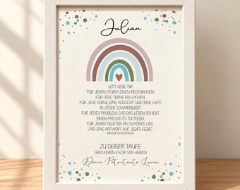 May include: A white framed print featuring the name Julian in black script, a muted rainbow graphic with a small heart, and German text about blessings. The design includes scattered blue and brown dots on a cream background.