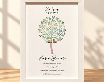 May include: A white framed print featuring a tree illustration composed of heart-shaped leaves in pastel tones. The text reads: Zur Taufe, 29.06.2025, Lieber Bennet, der Baum des Lebens wächst, blüht und gedeiht. So sollst auch du durch das Leben gehen und stets immer sicher stehen.