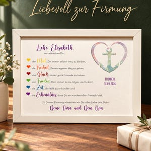 May include: A white framed print featuring the German text SECHS W&Uuml;NSCHE F&Uuml;RS LEBEN and Liebesvoll zur Firmung. It lists six wishes for Elisabeth with colorful hearts and an anchor inside a heart shape, including the date 18.04.2026 and a signature.