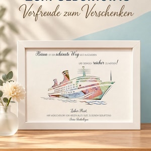 Puede incluir: Un marco blanco que contiene una ilustraci&oacute;n en acuarela de un crucero. El texto dice: Reisen ist der sch&ouml;nste Weg Geld auszugeben und dennoch reicher zu werden! Lieber Host, wir w&uuml;nschen dir von Herzen alles Gute zu deinem Geburtstag! Deine Skatkollegen.