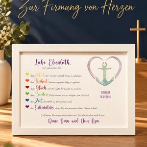 May include: A white rectangular frame containing a personalized print for a confirmation. The text reads 'Liebe Elisabeth' and includes a list of wishes next to a colorful anchor graphic inside a heart shape, dated 18.04.2026, signed by Oma and Opa.