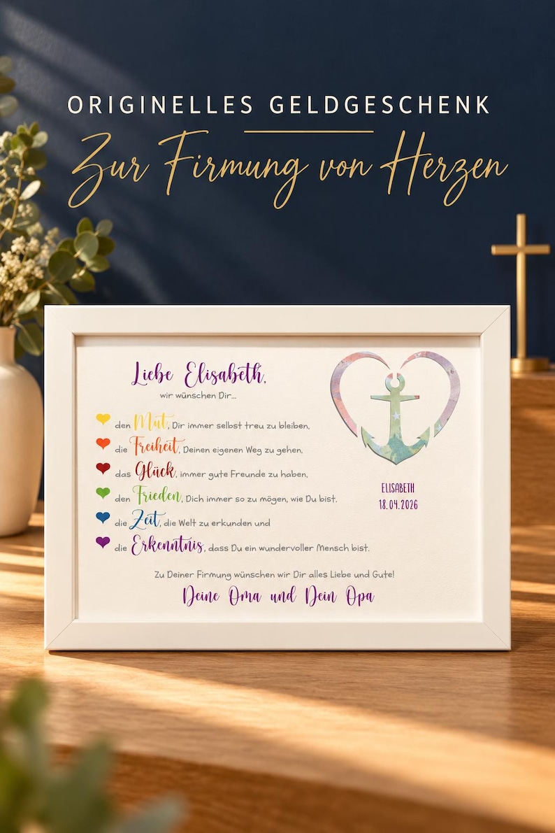 May include: A white rectangular frame containing a personalized print for a confirmation. The text reads 'Liebe Elisabeth' and includes a list of wishes next to a colorful anchor graphic inside a heart shape, dated 18.04.2026, signed by Oma and Opa.