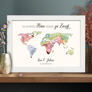 Hochzeitsgeschenk personalisiert | Geldgeschenk zur Hochzeit | Weltkarte die schönste Reise beginnt zu Zweit - Geschenk Set Bilderrahmen