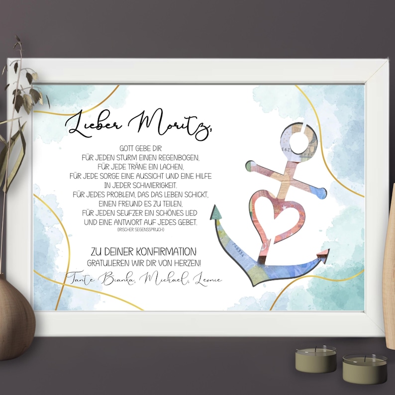 Confirmation gift for boys | Personalized money gift | Confirmation gift for godchild | Personal gift for confirmand + Bilderrahmen weiß