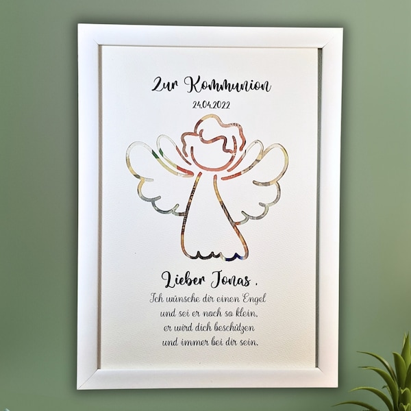 Erstkommunion Geschenk personalisiert | Kommunionsgeschenk für Mädchen und Jungen | Schutzengel für Patenkind | Geldgeschenk Kommunion Engel