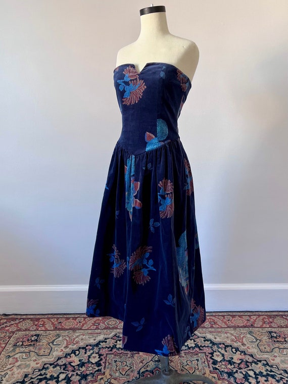 Cotton velvet floral strapless dress