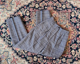 Navy houndstooth plaid high rise wool trousers
