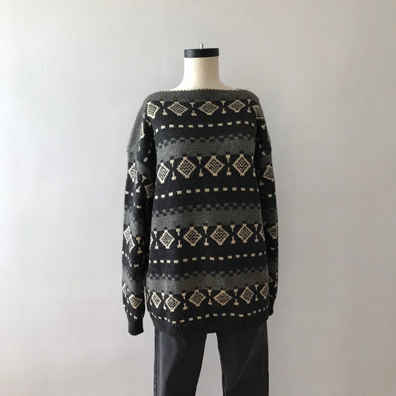 60s Hand knit scandinavian wool boatneck sweater