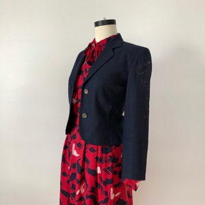 Cropped embroidered navy wool blazer