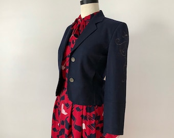 Cropped embroidered navy wool blazer