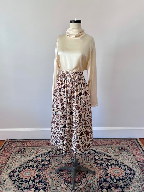 Two piece silk top and botanical print skirt set