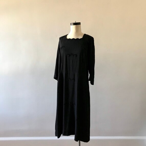 30s black rayon beaded sheath dress with soutache