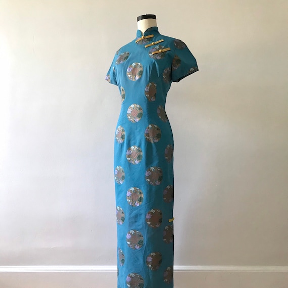 Alfred Shaheen chinoiserie high collar maxi dress