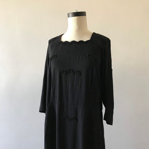 30s black rayon beaded sheath dress with soutache