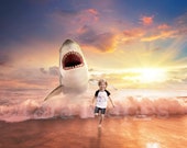 Shark in Ocean - Shark Jumping out of Ocean- Digital Background Backdrop