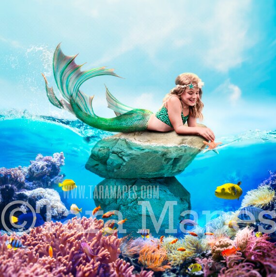 Mermaid Digital Backdrop Mermaid Rock in Ocean Rock in - Etsy