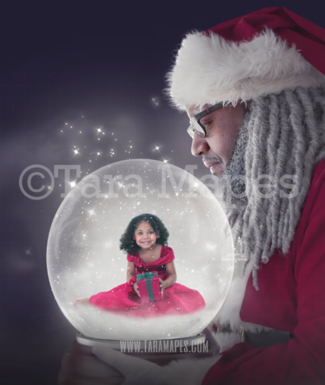 Black Santa Holding Snow Globe LAYERED PSD African American Snowglobe