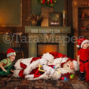 Santa Digital Backdrop - Santa Tied Up with Christmas Lights - Funny Santa Tied Up - Christmas Digital Backdrop by Tara Mapes