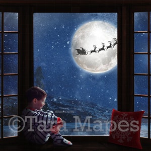 Christmas Digital Backdrop - Christmas Window Seat and Window Santa in Moon Digital Background Backdrop