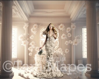 Ornate White Room Digital Backdrop - Flower Room - Maternity Wedding Digital Background - White Room with Curtains Digital Background
