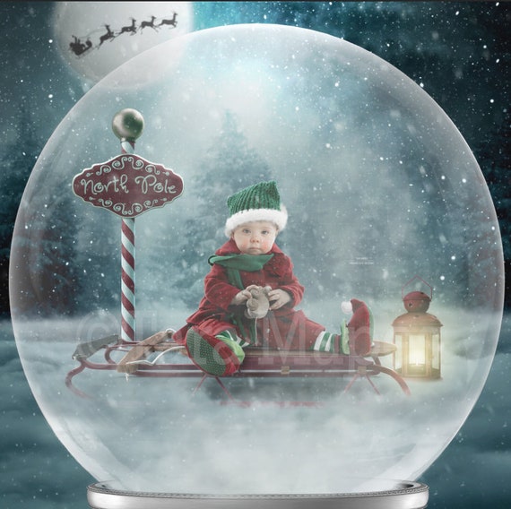 Christmas Digital Backdrop Sled in North Pole Snow Globe - Etsy Australia