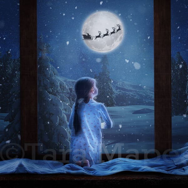 Christmas Digital Backdrop - Christmas Window - Christmas Window with Santa in the Moon-   Christmas Digital Background