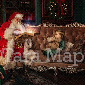 Santa Digital - Christmas Digital Backdrop - Santa Reading Book on Couch by Fireplace - Santa with Magic Book -  Santa Digital Background