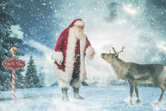 Santa Feeding Reindeer In North Pole Rudolph Christmas Holiday Digital Background Backdrop