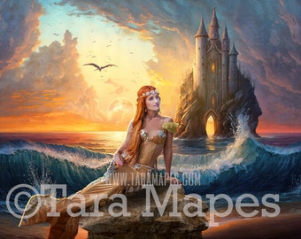 Mermaid Beach Digital Backdrop - Mermaid Castle Emerging from Ocean - Mermaid Digital Background Backdrop