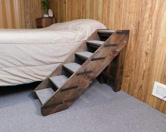 24" - 38" Tall Handmade Wood Dog Stairs Folding 14" Wide Dog Steps Side Rails Custom Pet Steps High Beds