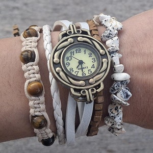 Witte boho-horloges voor dameshorloge van gevlochten leer