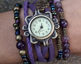 Fioletowy zegarek kwarcowy Boho z bransoletą ze skóry, zegarek na rękę w stylu vintage z brązu, ręcznie robiona biżuteria Boho, prezent dla niej
