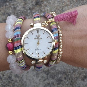 Boho Colorful Women’s Watch – Tassel Bracelet Set with Rose Quartz & Gold Accents