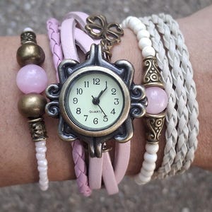 Boho Quartz Watch Bracelet Set: Pink Leather, Bronze Charms